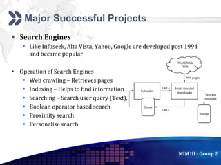 Add your company slogan
LOGO
Major Successful Projects
 Search Engines
 Like Infoseek, Alta Vista, Yahoo, Google are developed post 1994
and became popular
 Operation of Search Engines
 Web crawling – Retrieves pages
 Indexing – Helps to find information
 Searching – Search user query (Text),
 Boolean operator based search
 Proximity search
 Personalise search
 