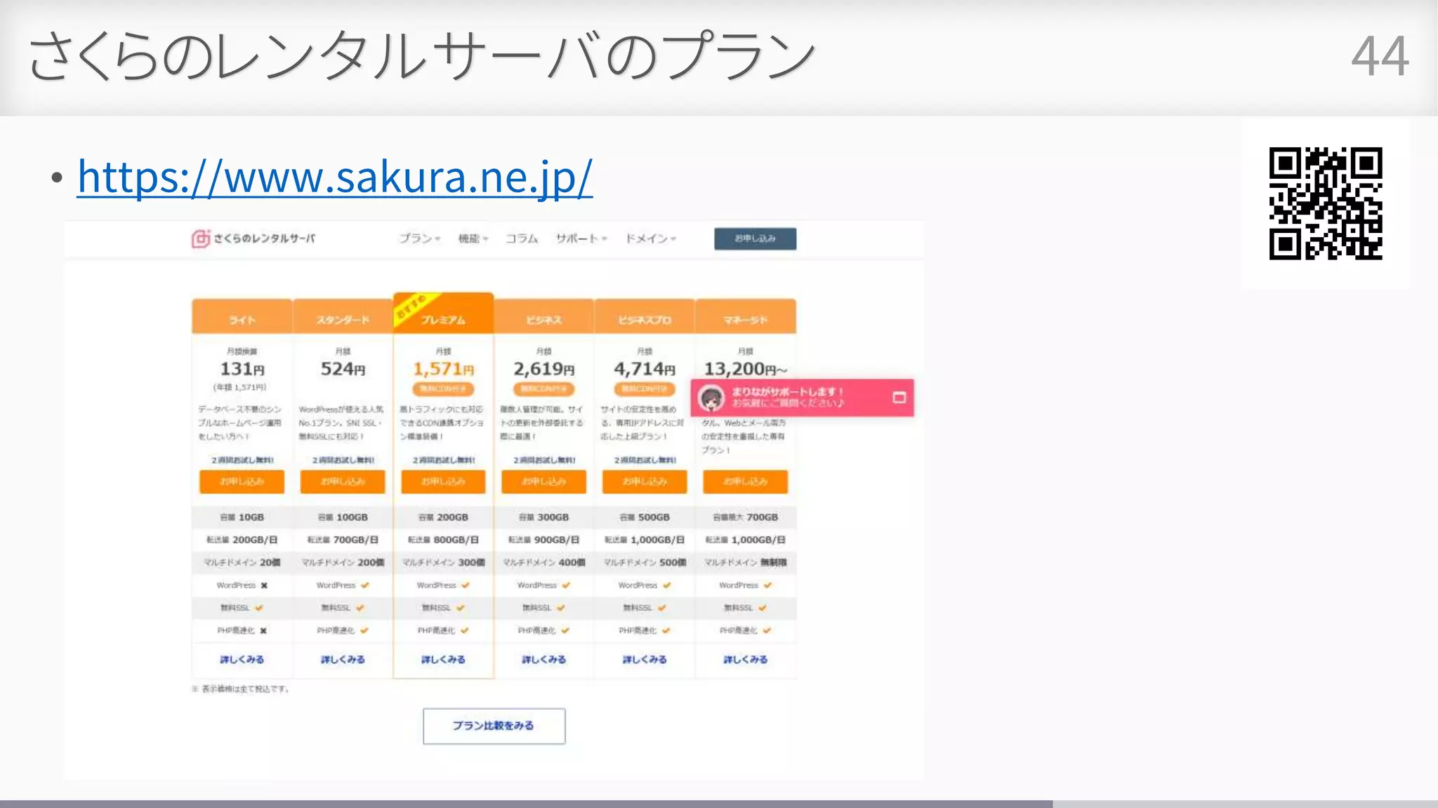さくらのレンタルサーバのプラン
• https://www.sakura.ne.jp/
44
 