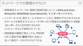 ネットワークでの情報のやりとり
• 情報通信ネットワークは、範囲や接続形態によって、LAN(Local Area
Network)、WAN(Wide Area Network)、インターネットがある。
• インターネットは、電子メールやWebページなど、情報のやりとりをするため
のサービスを提供するコンピュータ（サーバ）や情報の交通整理をする機器
（ルータ）、それらを利用するための
コンピュータなどが接続されている。
• 情報機器の種類が異なっても、TCP/IP
と呼ぶ通信手順（通信プロトコル）に
従って通信データのやりとりができる。
29
 