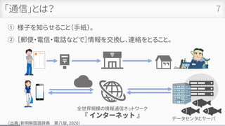 「通信」とは？
① 様子を知らせること（手紙）。
② ［郵便・電信・電話などで］情報を交換し、連絡をとること。
7
（出典：新明解国語辞典 第八版, 2020）
全世界規模の情報通信ネットワーク
『 インターネット 』 データセンタとサーバ
 