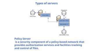 Types of servers
Policy Server
is a security component of a policy-based network that
provides authorization services and facilities tracking
and control of files.
 