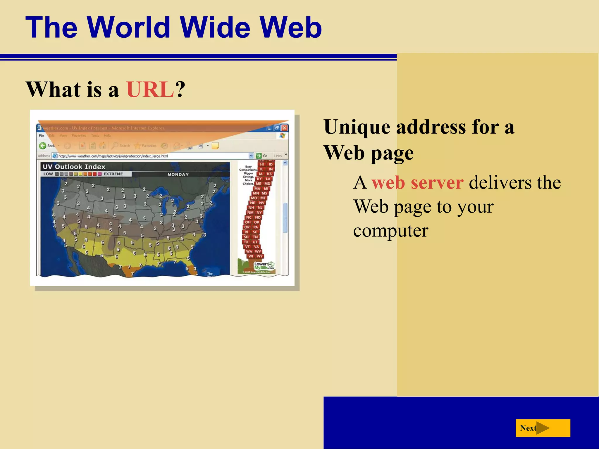 The World Wide Web
What is a URL?
                     Unique address for a
                     Web page
                        A web server delivers the
                        Web page to your
                        computer




                                            Next
 