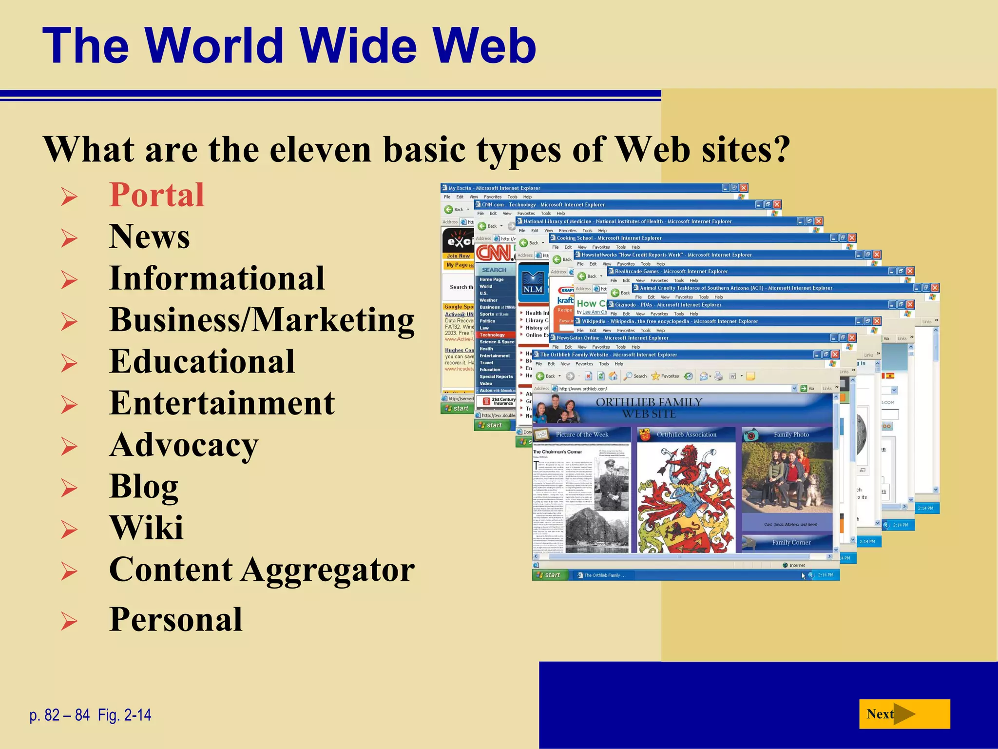 The World Wide Web
  What are the eleven basic types of Web sites?
           Portal
           News
           Informational
           Business/Marketing
           Educational
           Entertainment
           Advocacy
           Blog
           Wiki
           Content Aggregator
           Personal

p. 82 – 84 Fig. 2-14                              Next
 