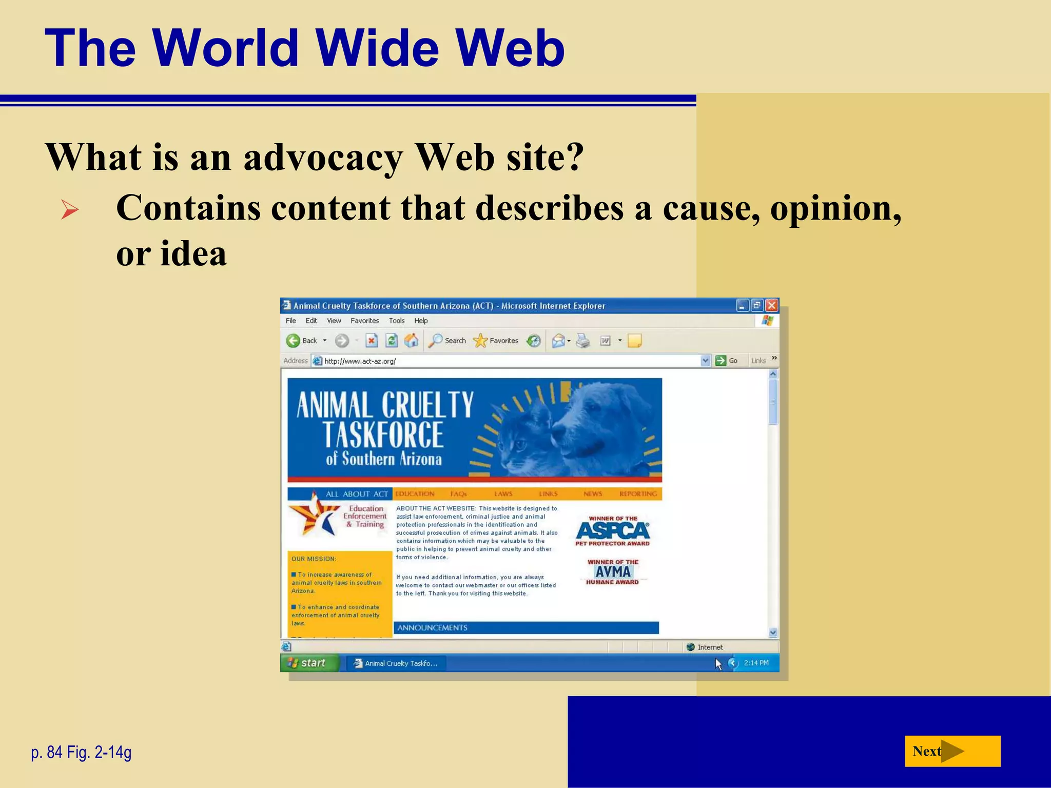 The World Wide Web
  What is an advocacy Web site?
            Contains content that describes a cause, opinion,
             or idea




p. 84 Fig. 2-14g                                                 Next
 
