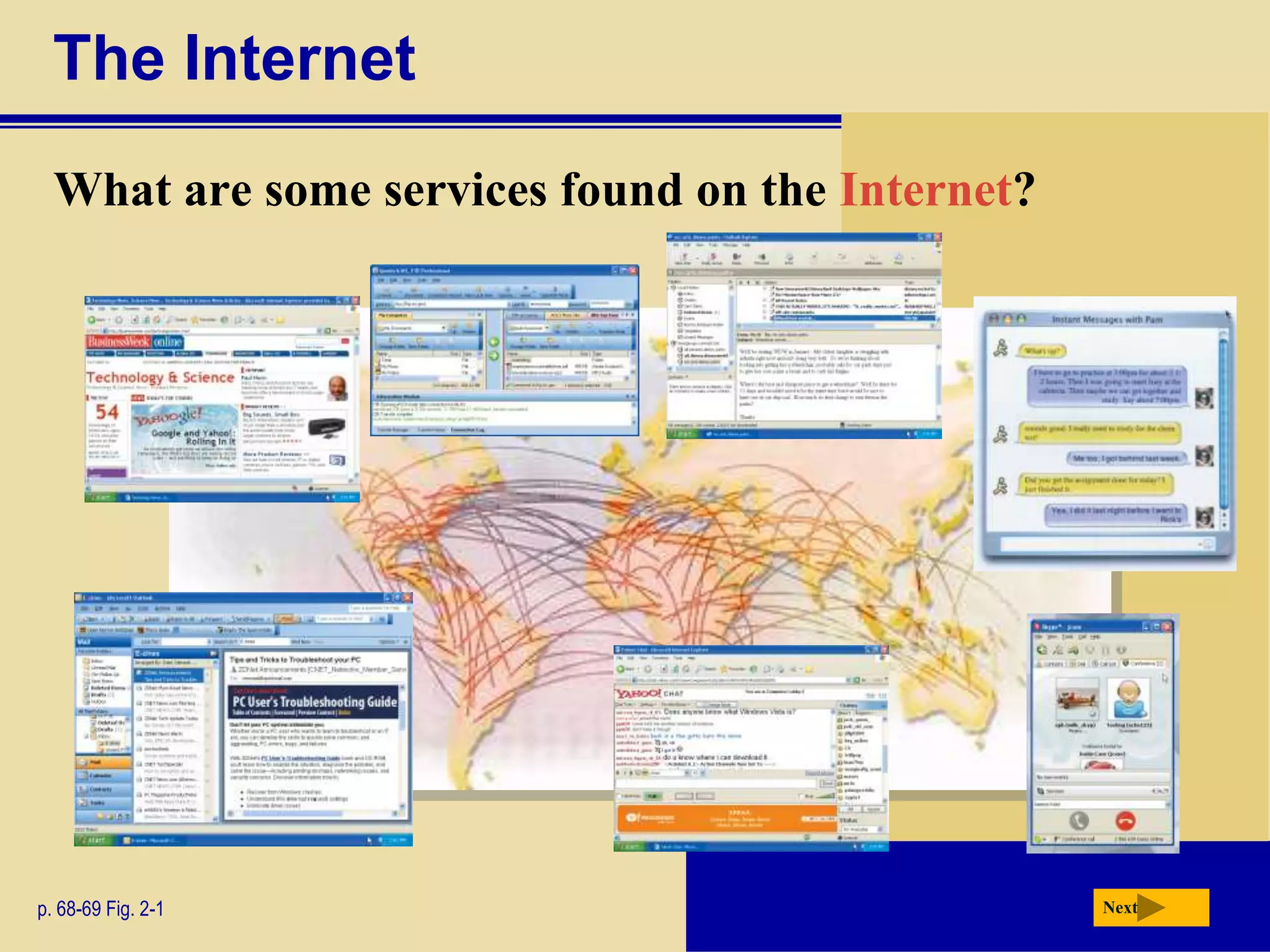 The Internet
  What are some services found on the Internet?




p. 68-69 Fig. 2-1                                 Next
 