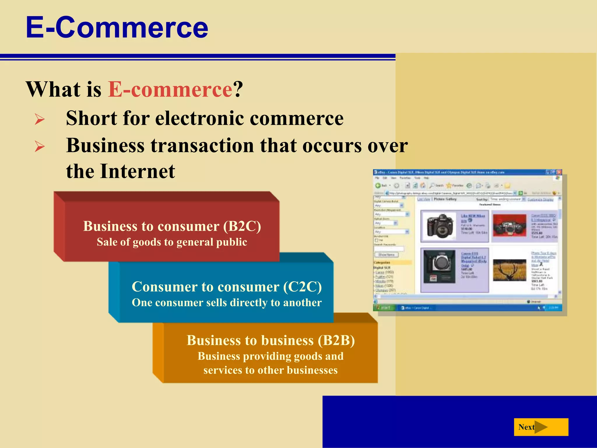 E-Commerce
What is E-commerce?
   Short for electronic commerce
   Business transaction that occurs over
    the Internet

     Business to consumer (B2C)
       Sale of goods to general public


              Consumer to consumer (C2C)
              One consumer sells directly to another


                         Business to business (B2B)
                           Business providing goods and
                            services to other businesses



                                                           Next
 