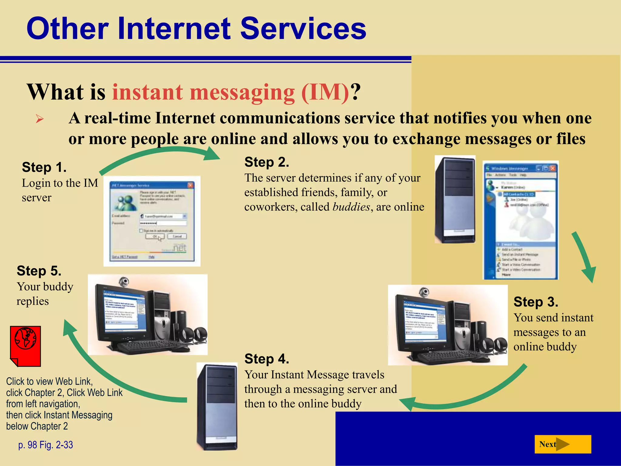 Other Internet Services
     What is instant messaging (IM)?
               A real-time Internet communications service that notifies you when one
                or more people are online and allows you to exchange messages or files
    Step 1.                            Step 2.
    Login to the IM                    The server determines if any of your
    server                             established friends, family, or
                                       coworkers, called buddies, are online




  Step 5.
  Your buddy
  replies                                                                      Step 3.
                                                                               You send instant
                                                                               messages to an
                                                                               online buddy
                                       Step 4.
                                       Your Instant Message travels
Click to view Web Link,
click Chapter 2, Click Web Link        through a messaging server and
from left navigation,                  then to the online buddy
then click Instant Messaging
below Chapter 2
   p. 98 Fig. 2-33                                                                  Next
 