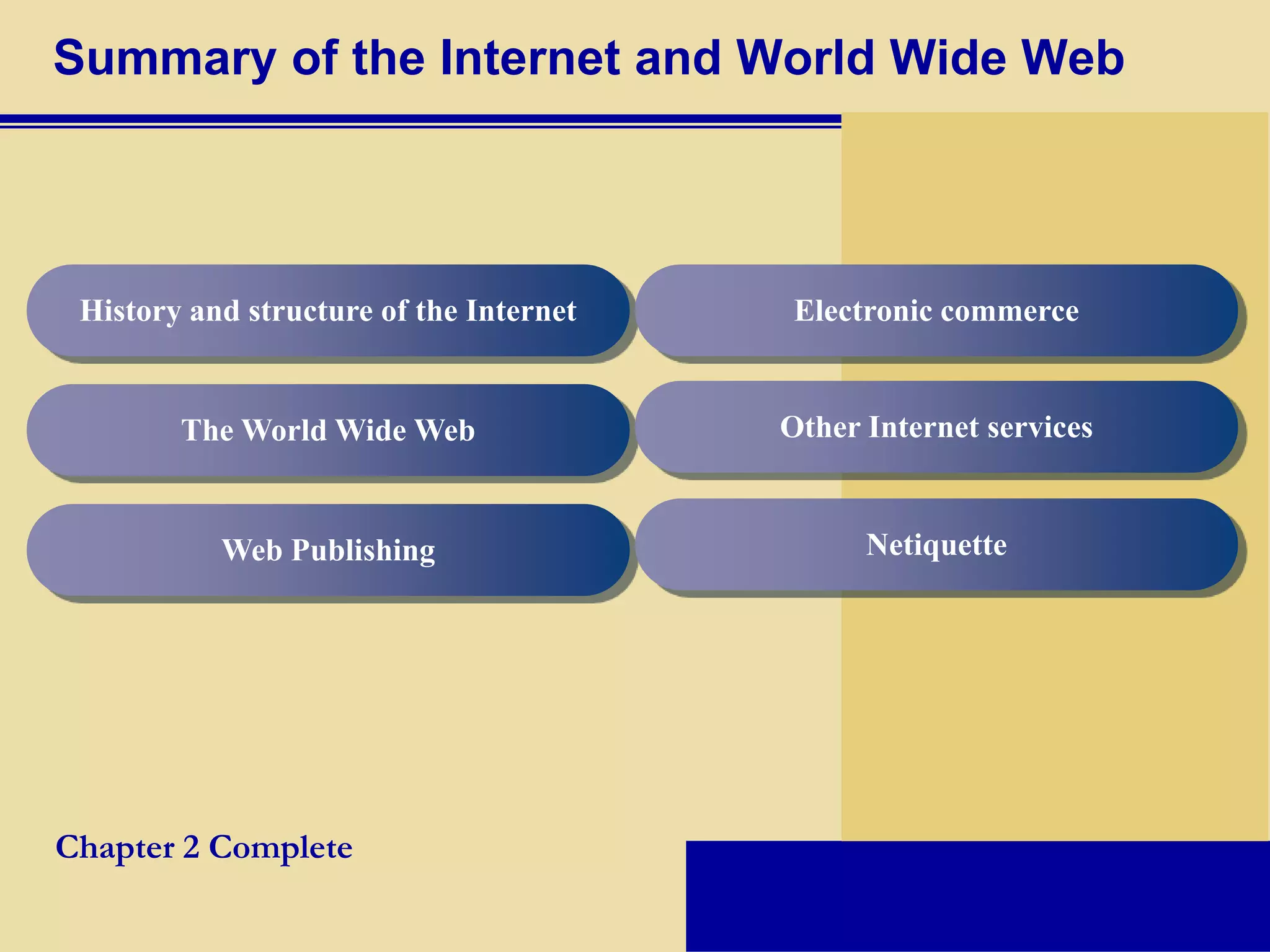 Summary of the Internet and World Wide Web



 History and structure of the Internet    Electronic commerce


        The World Wide Web               Other Internet services


           Web Publishing                      Netiquette




Chapter 2 Complete
 