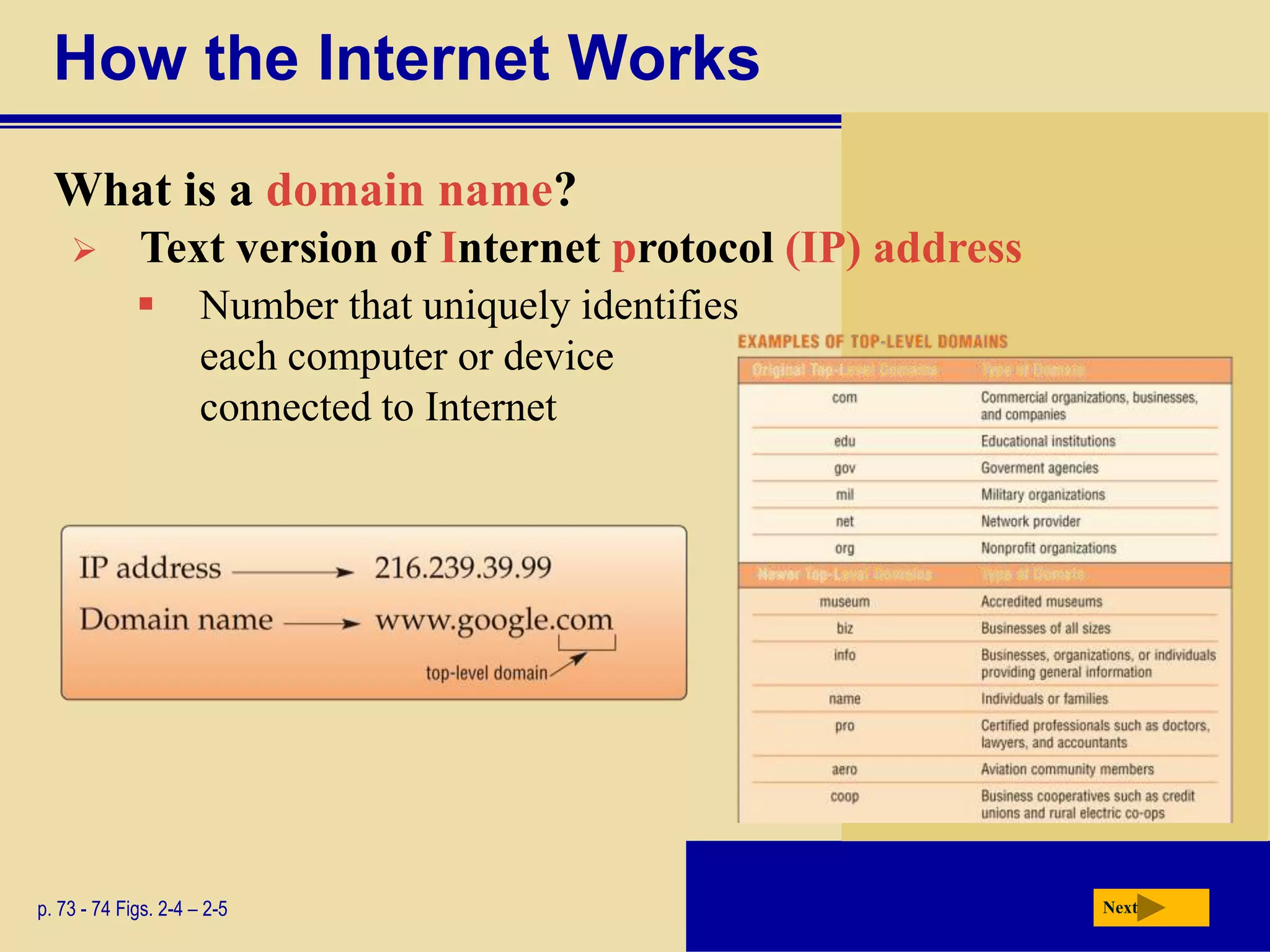 How the Internet Works
  What is a domain name?
            Text version of Internet protocol (IP) address
                     Number that uniquely identifies
                      each computer or device
                      connected to Internet




p. 73 - 74 Figs. 2-4 – 2-5                                    Next
 
