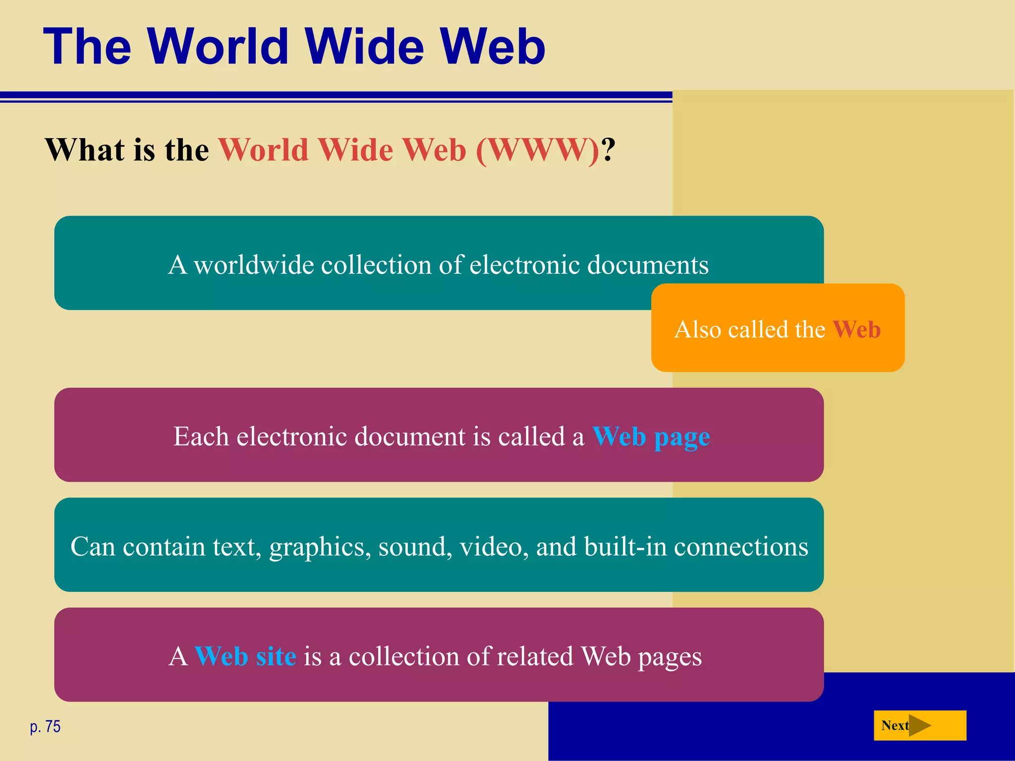 The World Wide Web
  What is the World Wide Web (WWW)?


                A worldwide collection of electronic documents

                                                             Also called the Web



                 Each electronic document is called a Web page


        Can contain text, graphics, sound, video, and built-in connections


                A Web site is a collection of related Web pages

p. 75                                                                          Next
 