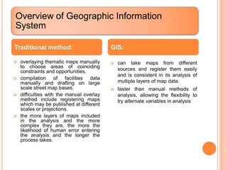 Overview of Geographic Information
System

Traditional method:                        GIS:

   overlaying thematic maps manually         can take maps from different
    to choose areas of coinciding              sources and register them easily
    constraints and opportunities.
                                               and is consistent in its analysis of
   compilation of facilities data
    manually and drafting on large             multiple layers of map data.
    scale street map bases.                   faster than manual methods of
   difficulties with the manual overlay       analysis, allowing the flexibility to
    method include registering maps            try alternate variables in analysis
    which may be published at different
    scales or projections.
   the more layers of maps included
    in the analysis and the more
    complex they are, the more the
    likelihood of human error entering
    the analysis and the longer the
    process takes.
 