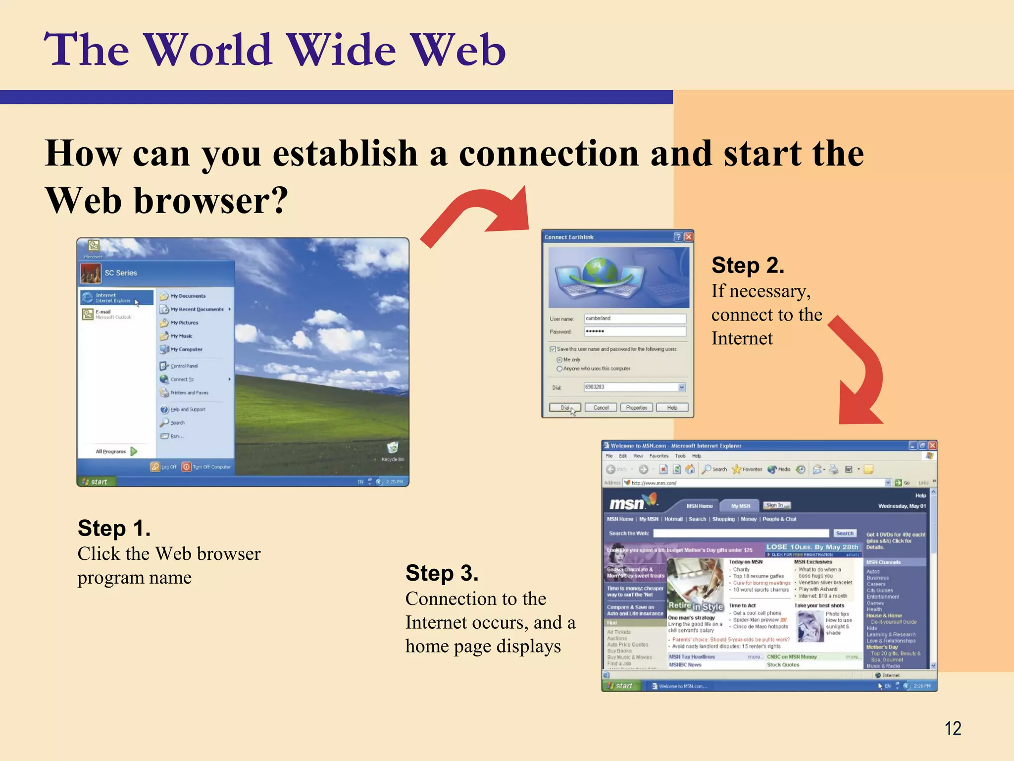 12
The World Wide Web
How can you establish a connection and start the
Web browser?
Step 2.
If necessary,
connect to the
Internet
Step 3.
Connection to the
Internet occurs, and a
home page displays
Step 1.
Click the Web browser
program name
 