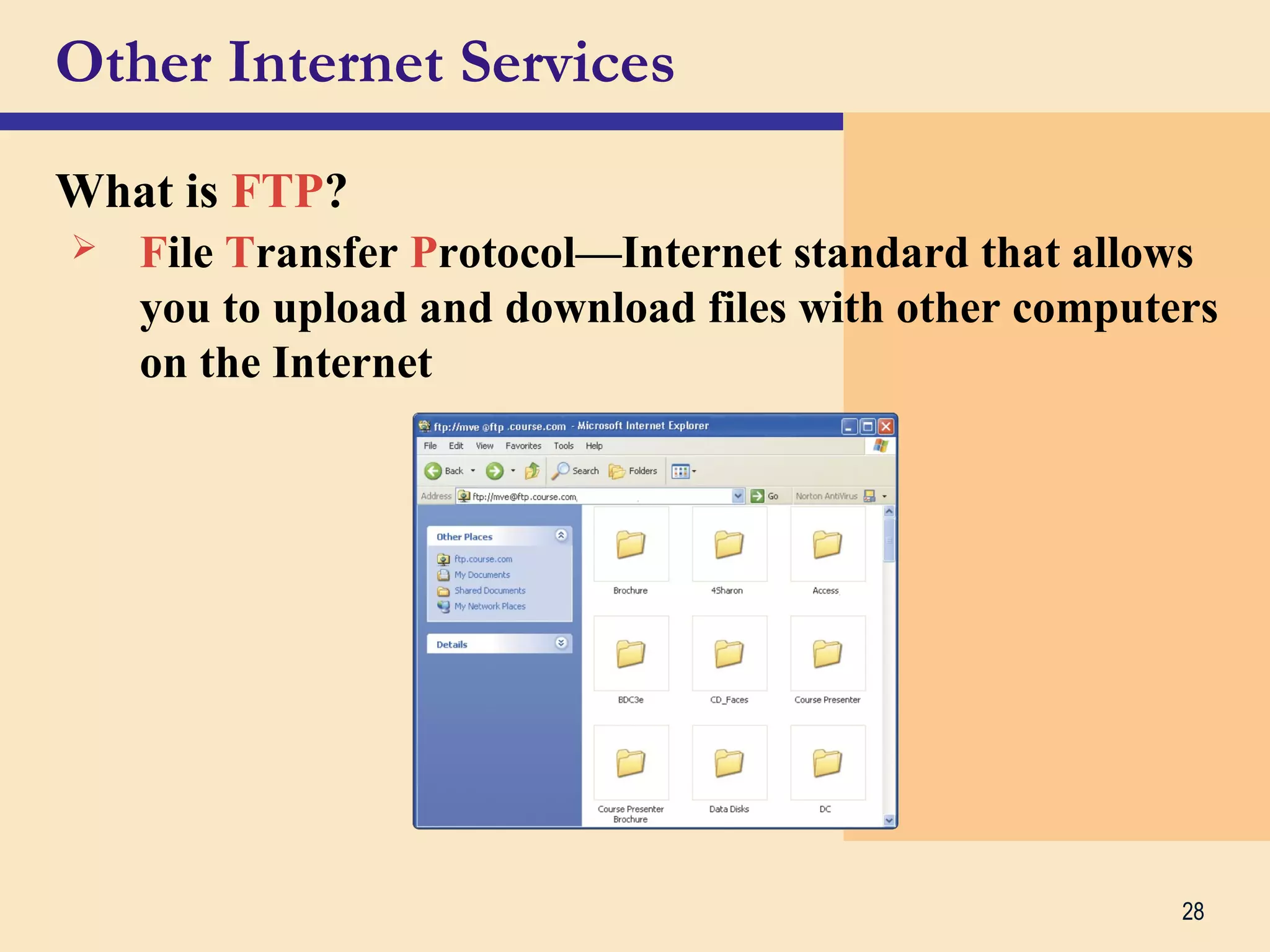28
Other Internet Services
What is FTP?
 File Transfer Protocol—Internet standard that allows
you to upload and download files with other computers
on the Internet
 