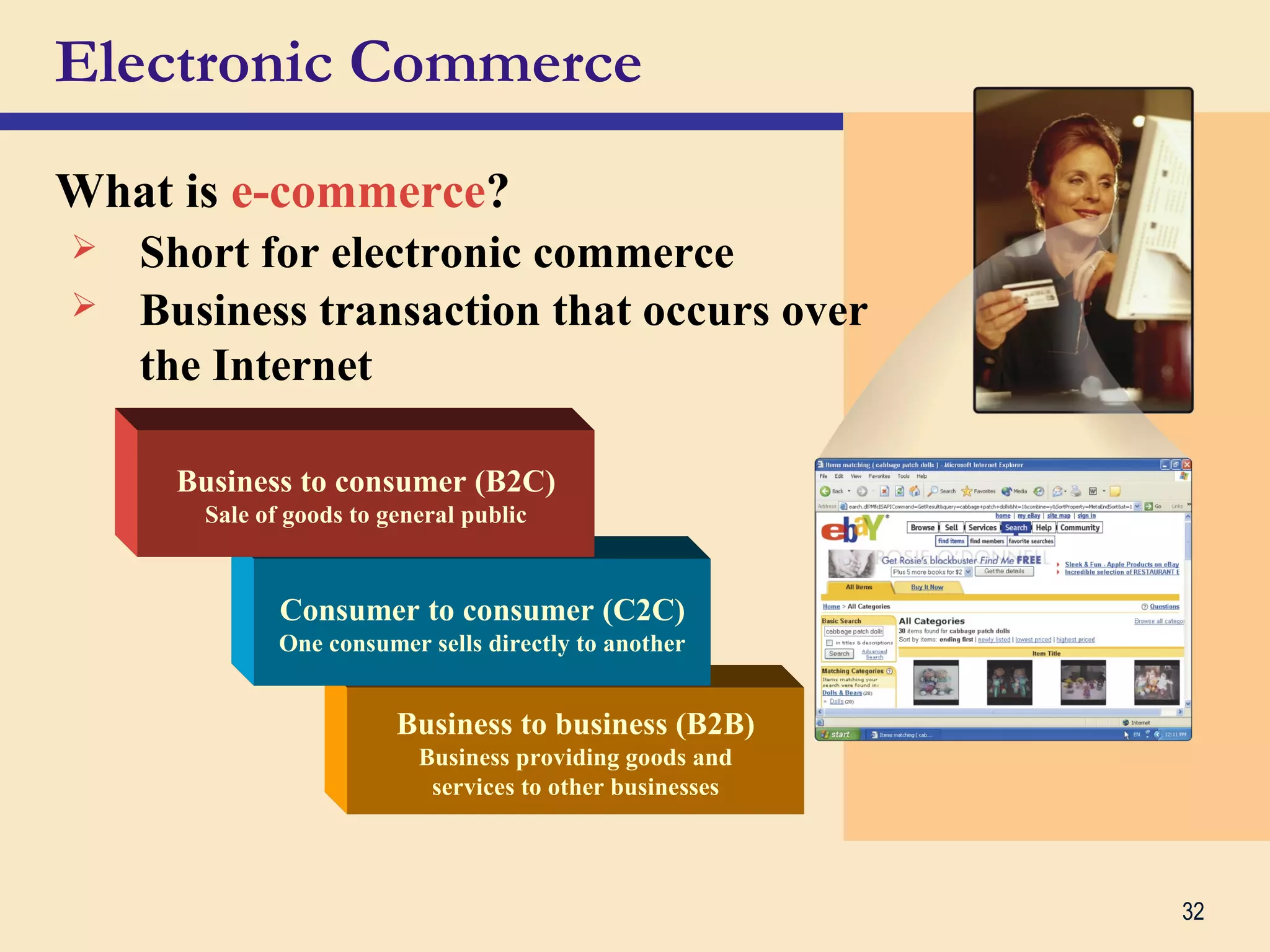 32
Business to business (B2B)
Business providing goods and
services to other businesses
Consumer to consumer (C2C)
One consumer sells directly to another
Electronic Commerce
What is e-commerce?
Business to consumer (B2C)
Sale of goods to general public
 Short for electronic commerce
 Business transaction that occurs over
the Internet
 