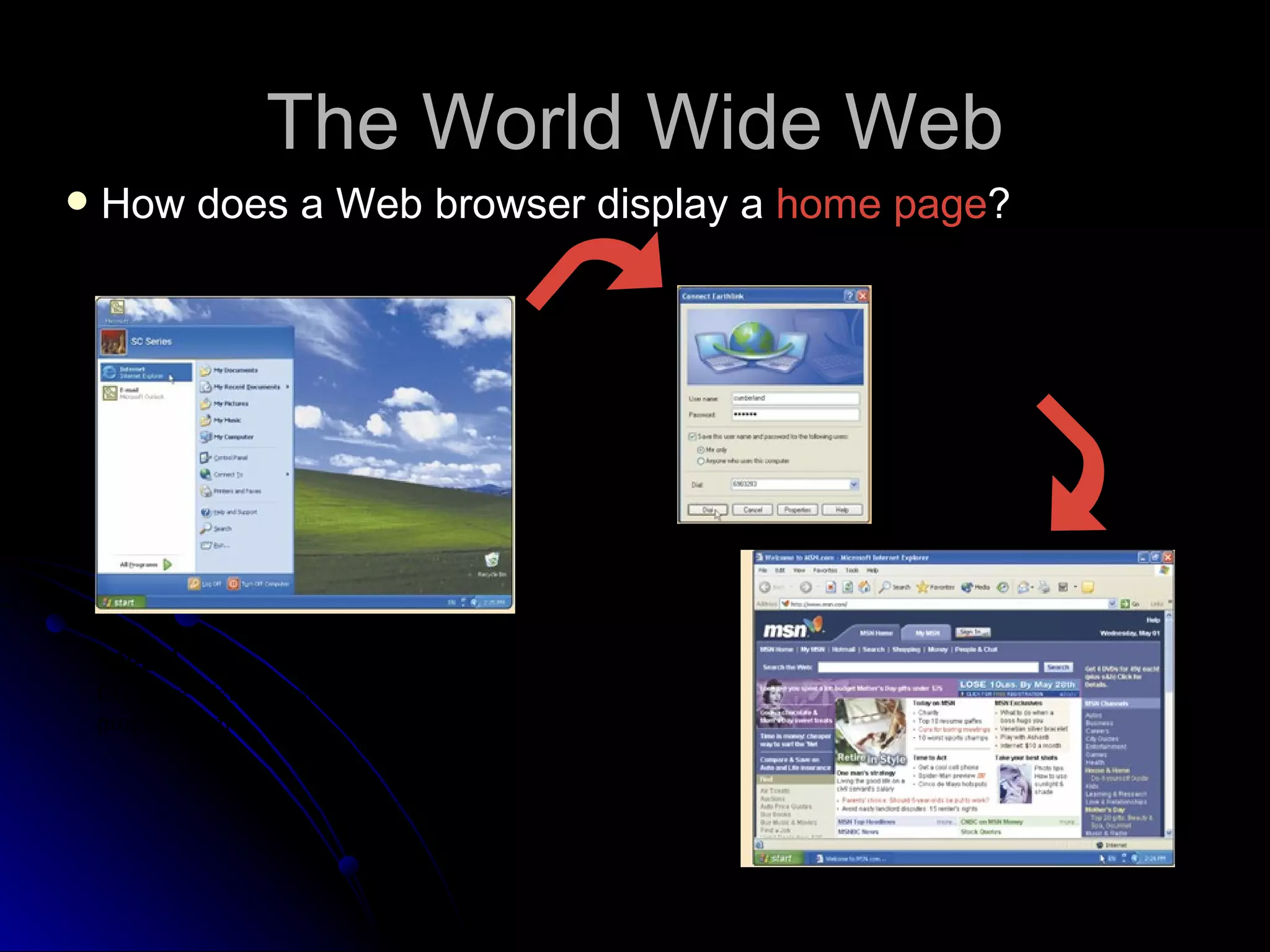 The World Wide Web
   How does a Web browser display a home page?

                                                     Step 2.
                                                     If necessary,
                                                     connect to the
                                                     Internet




    Step 1.
    Click the Web browser
    program name            Step 3.
                            Connection to the
                            Internet occurs, and a
                            home page displays
 