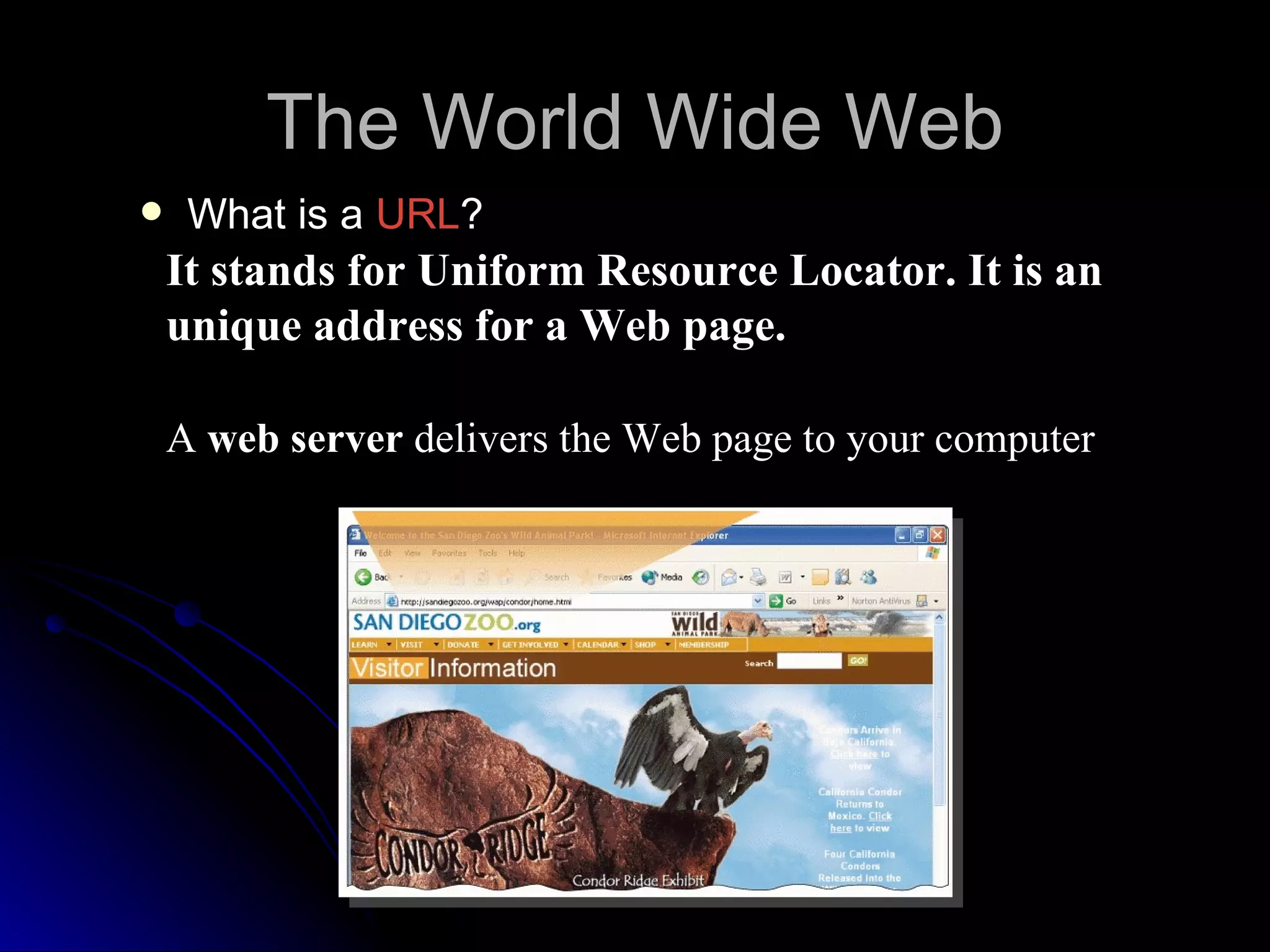 The World Wide Web
    What is a URL?
    It stands for Uniform Resource Locator. It is an
    unique address for a Web page.

    A web server delivers the Web page to your computer
 