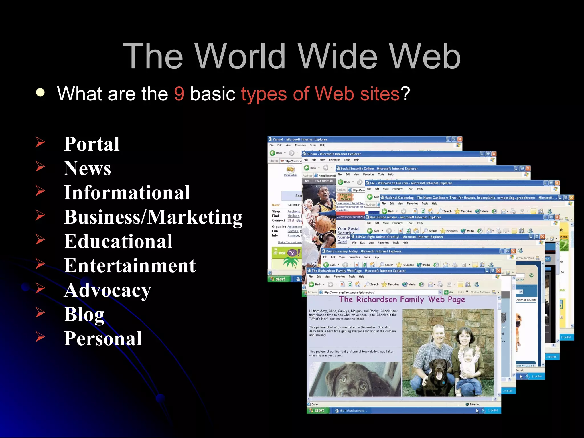 The World Wide Web
   What are the 9 basic types of Web sites?

   Portal
   News
   Informational
   Business/Marketing
   Educational
   Entertainment
   Advocacy
   Blog
   Personal
 