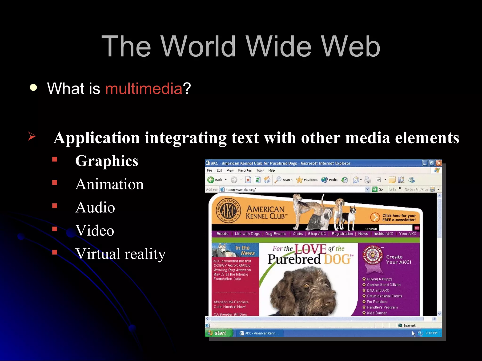 The World Wide Web
   What is multimedia?

   Application integrating text with other media elements
       Graphics
       Animation
       Audio
       Video
       Virtual reality
 