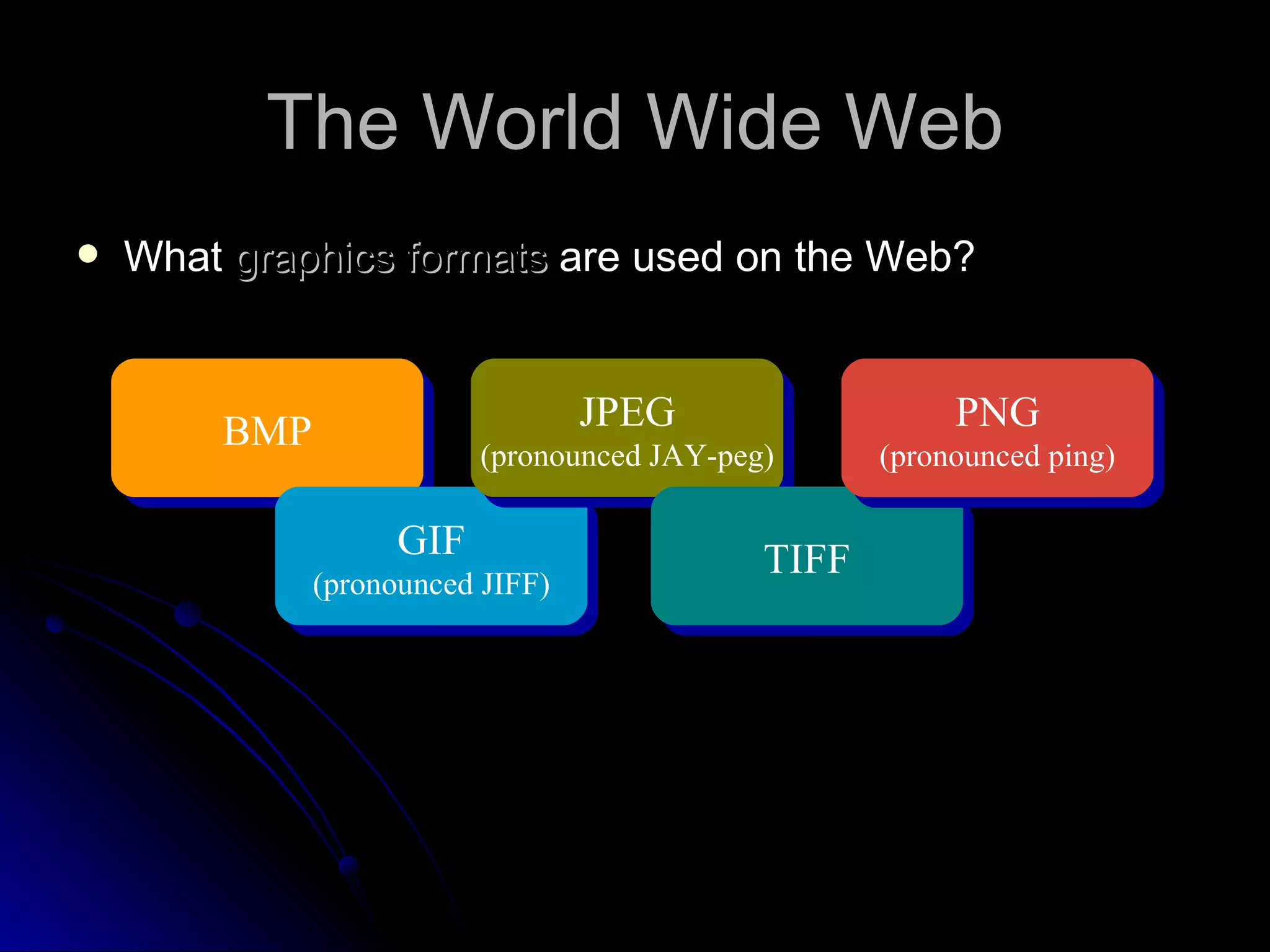 The World Wide Web
   What graphics formats are used on the Web?



        BMP                       JPEG                   PNG
                          (pronounced JAY-peg)      (pronounced ping)

                    GIF                      TIFF
              (pronounced JIFF)
 