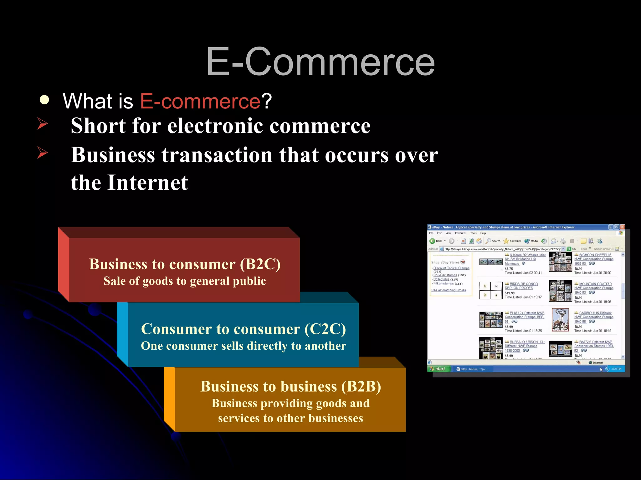 E-Commerce
   What is E-commerce?
   Short for electronic commerce
   Business transaction that occurs over
    the Internet


      Business to consumer (B2C)
       Sale of goods to general public


              Consumer to consumer (C2C)
              One consumer sells directly to another


                         Business to business (B2B)
                           Business providing goods and
                            services to other businesses
 