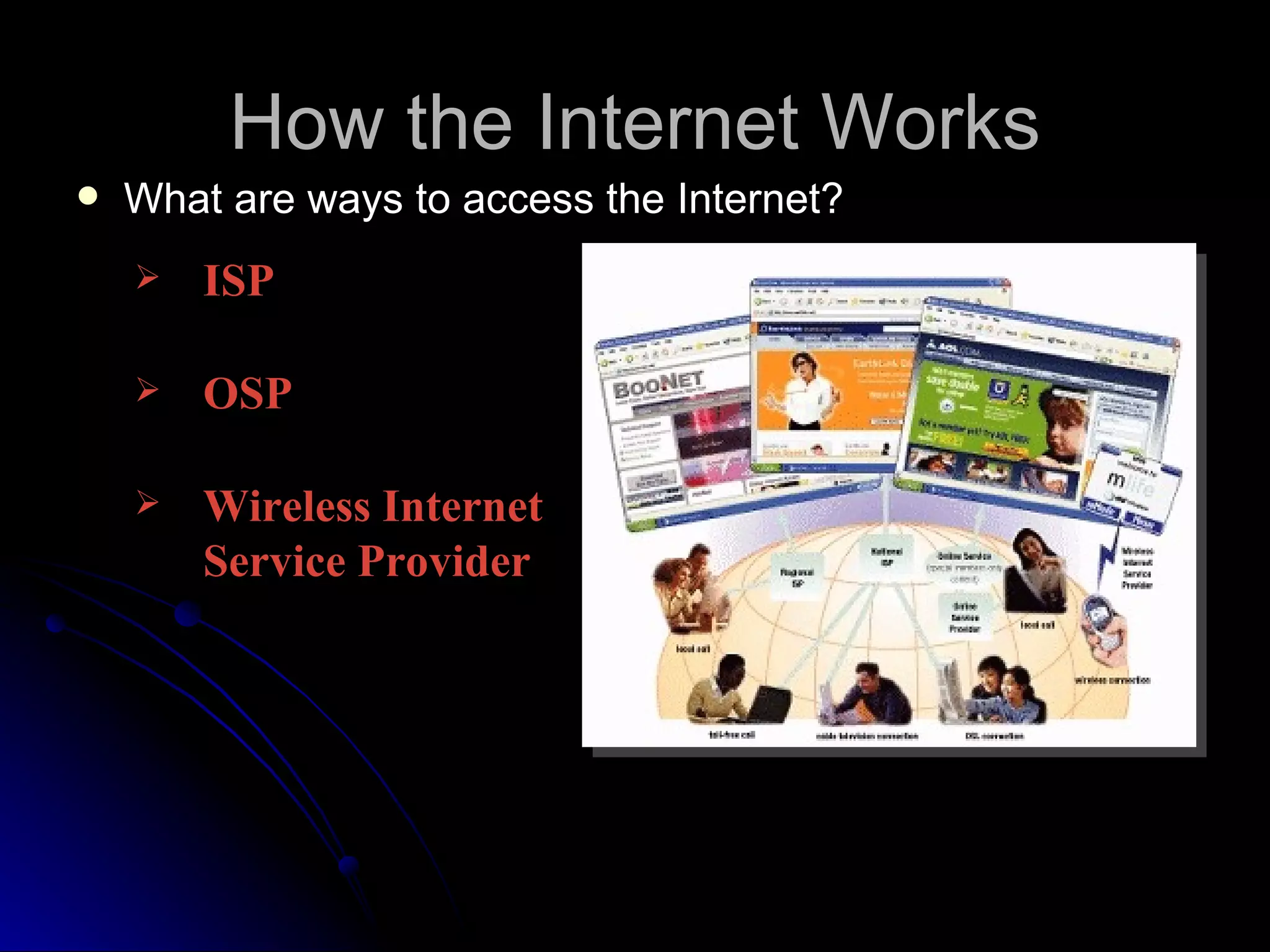 How the Internet Works
   What are ways to access the Internet?
       ISP, Regional
        or National
       OSP (AOL and
        MSN, for example)
       Wireless Internet
        Service Provider
 