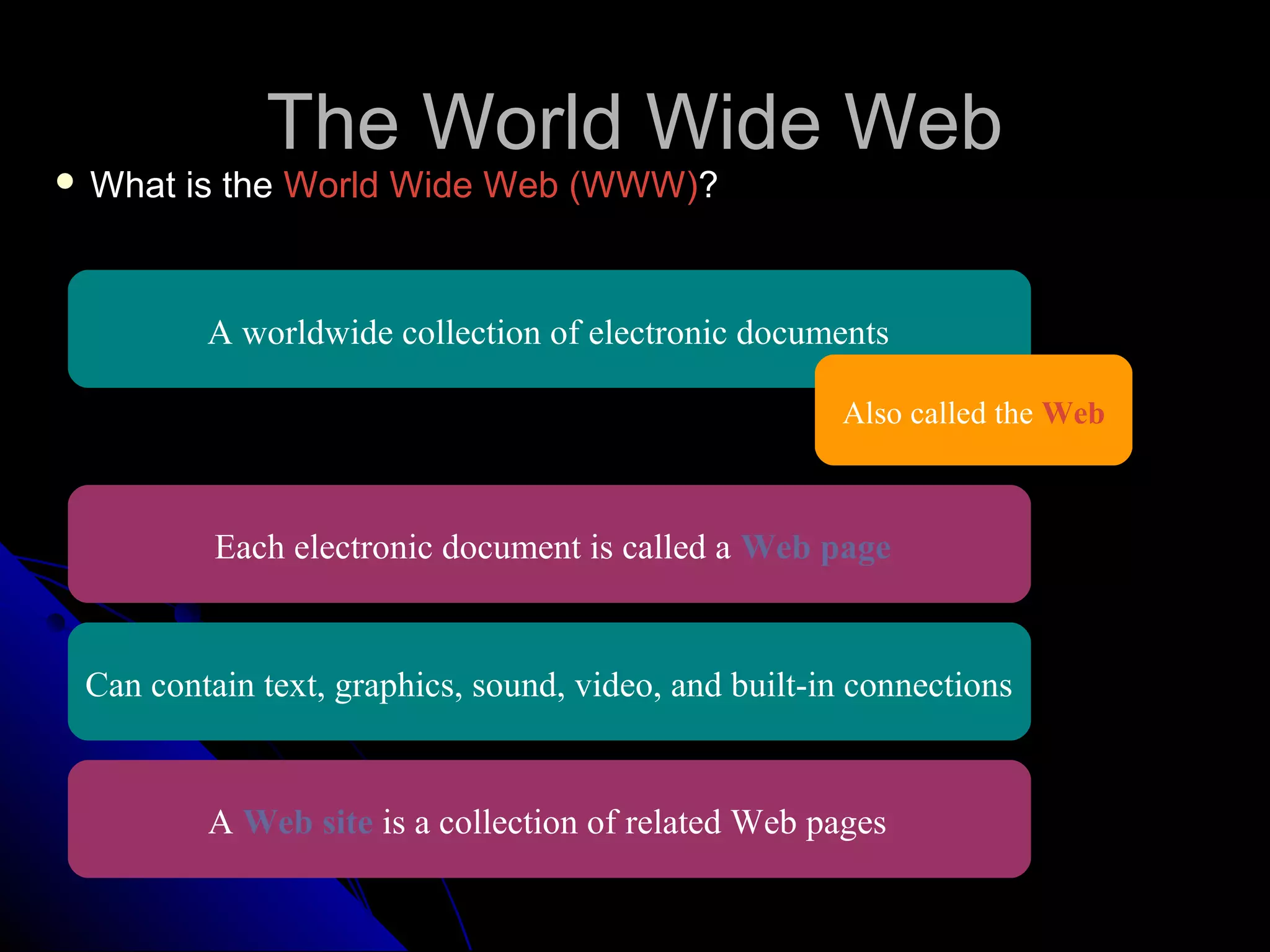 The World Wide Web
 What   is the World Wide Web (WWW)?



          A worldwide collection of electronic documents

                                                      Also called the Web



          Each electronic document is called a Web page


 Can contain text, graphics, sound, video, and built-in connections


          A Web site is a collection of related Web pages
 