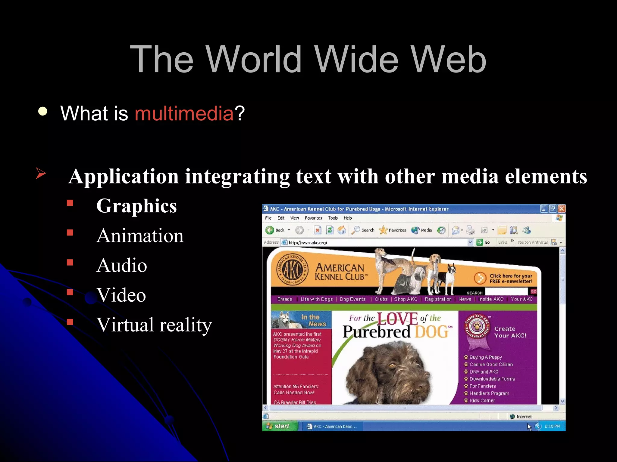 The World Wide Web
   What is multimedia?

   Application integrating text with other media elements
       Graphics
       Animation
       Audio
       Video
       Virtual reality
 