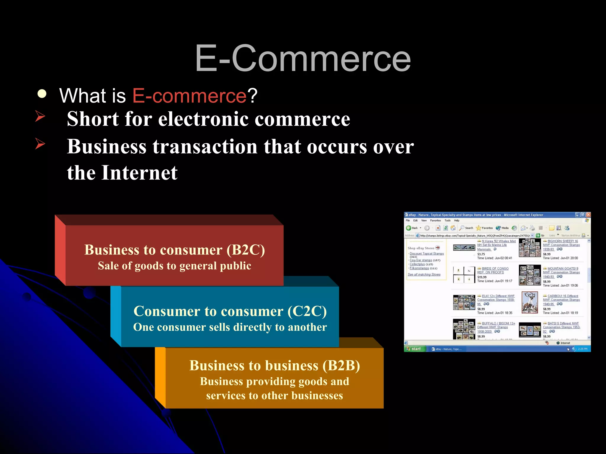 E-Commerce
   What is E-commerce?
   Short for electronic commerce
   Business transaction that occurs over
    the Internet


      Business to consumer (B2C)
       Sale of goods to general public


              Consumer to consumer (C2C)
              One consumer sells directly to another


                         Business to business (B2B)
                           Business providing goods and
                            services to other businesses
 