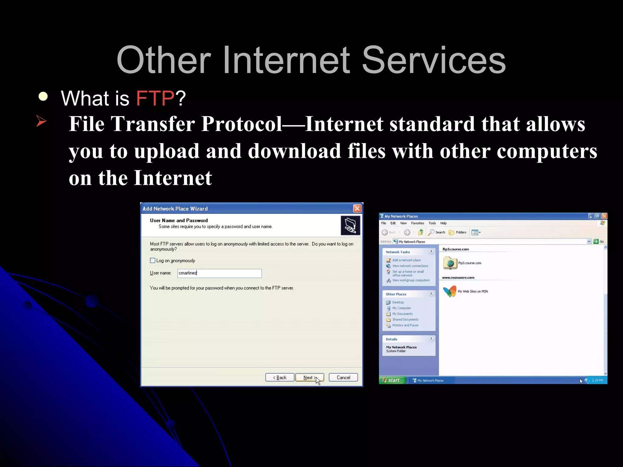 Other Internet Services
   What is FTP?
   File Transfer Protocol—Internet standard that allows
    you to upload and download files with other computers
    on the Internet
 
