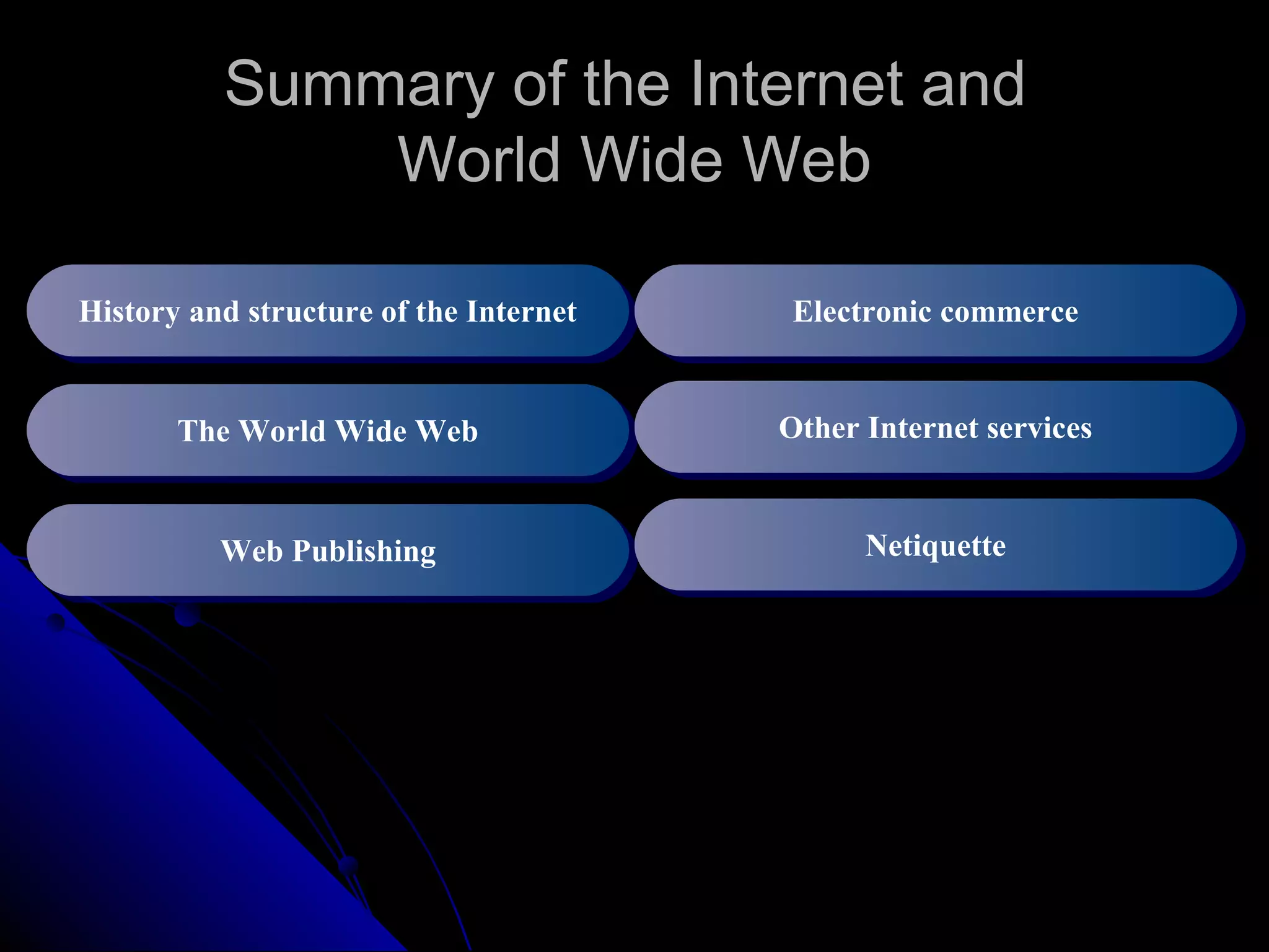 Summary of the Internet and
              World Wide Web

History and structure of the Internet
History and structure of the Internet   Electronic commerce
                                        Electronic commerce


       The World Wide Web
       The World Wide Web               Other Internet services
                                        Other Internet services


          Web Publishing
          Web Publishing                      Netiquette
                                              Netiquette
 