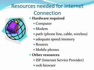 Resources needed for internet
Connection
 Hardware required
 Computer
 Modem
 path (phone line, cable, wireless)
 adequate speed/memory
 Routers
 Mobile phones
 Other resources
 ISP (Internet Service Provider)
 web browser
 