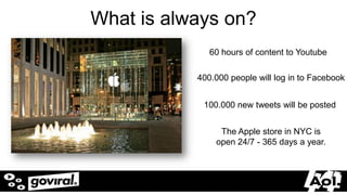 What is always on?
                          60 hours of content to Youtube

                       400.000 people will log in to Facebook


                        100.000 new tweets will be posted


                            The Apple store in NYC is
                           open 24/7 - 365 days a year.



5/20/2012                                             14
 