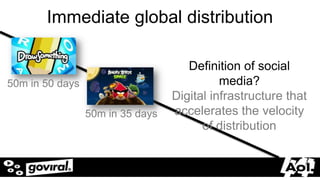 Immediate global distribution

                                      Definition of social
50m in 50 days                               media?
                                   Digital infrastructure that
                  50m in 35 days   accelerates the velocity
                                         of distribution


  5/20/2012                                                18
 