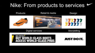 Nike: From products to services
            Products               Retail & media    Design




             Eco System
                     Digital services               Storytelling




5/20/2012                                                          22
 