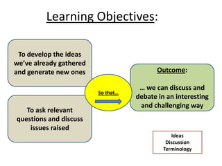 Learning Objectives:
To develop the ideas
we’ve already gathered
and generate new ones
To ask relevant
questions and discuss
issues raised
Outcome:
… we can discuss and
debate in an interesting
and challenging way
So that…
Ideas
Discussion
Terminology