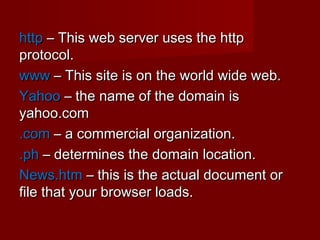 httphttp – This web server uses the http– This web server uses the http
protocol.protocol.
wwwwww – This site is on the world wide web.– This site is on the world wide web.
YahooYahoo – the name of the domain is– the name of the domain is
yahoo.comyahoo.com
.com.com – a commercial organization.– a commercial organization.
.ph.ph – determines the domain location.– determines the domain location.
News.htmNews.htm – this is the actual document or– this is the actual document or
file that your browser loads.file that your browser loads.
 
