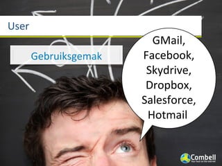 User
                         GMail,	
  
       Gebruiksgemak   Facebook,
                        Skydrive,
                        Dropbox,
                       Salesforce,
                        Hotmail
 