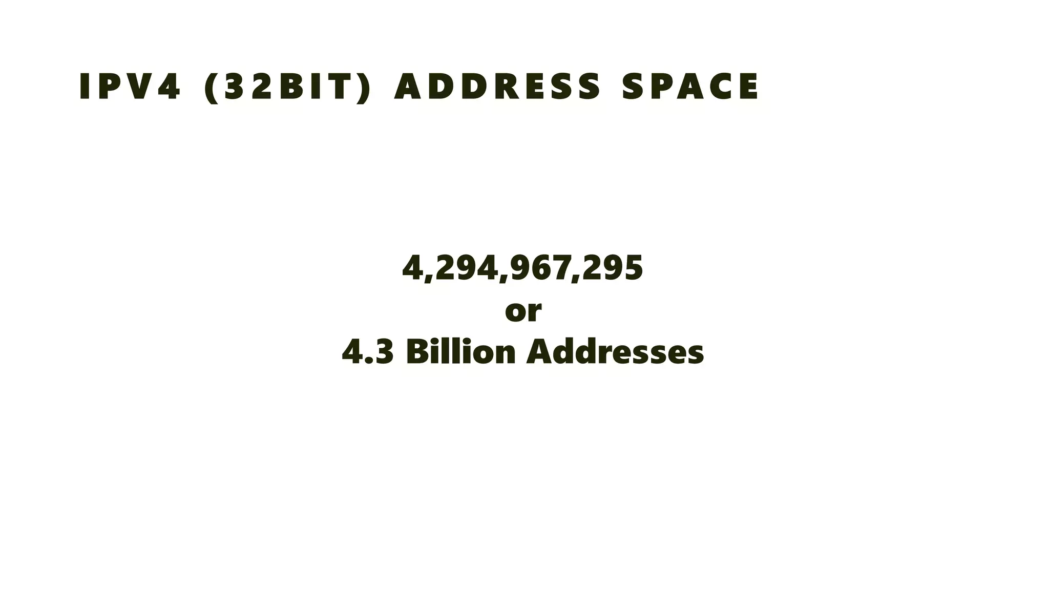 IPV4 (32BIT) ADDRESS SPACE 
4,294,967,295or4.3 Billion Addresses  