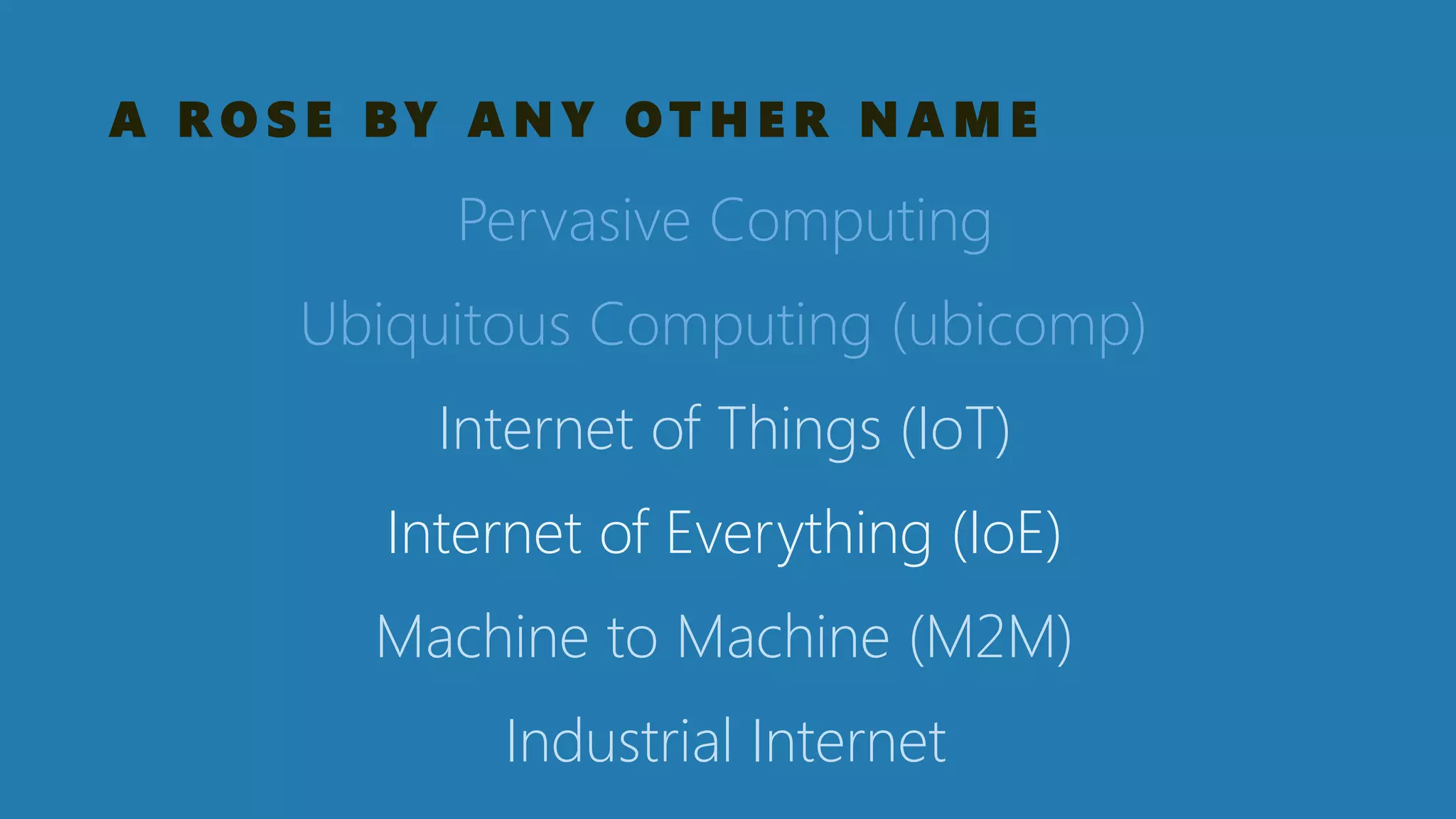 A ROSE BY ANY OTHER NAME 
Internet of Things (IoT) 
Internet of Everything (IoE) 
Pervasive Computing 
Ubiquitous Computing (ubicomp) 
Machine to Machine (M2M) 
Industrial Internet  