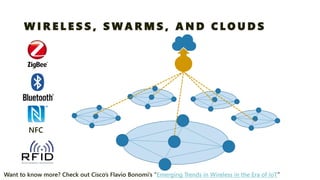 WIRELESS, SWARMS, AND CLOUDS 
Want to know more? Check out Cisco’s FlavioBonomi’s“Emerging Trends in Wireless in the Era of IoT”  
