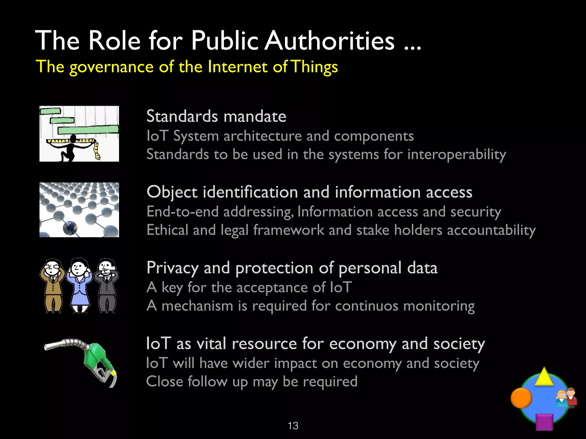 The Role for Public Authorities ...
The governance of the Internet of Things

              Standards mandate
              IoT System architecture and components
              Standards to be used in the systems for interoperability

              Object identiﬁcation and information access
              End-to-end addressing, Information access and security
              Ethical and legal framework and stake holders accountability

              Privacy and protection of personal data
              A key for the acceptance of IoT
              A mechanism is required for continuos monitoring

              IoT as vital resource for economy and society
              IoT will have wider impact on economy and society
              Close follow up may be required

                                   !13
 
