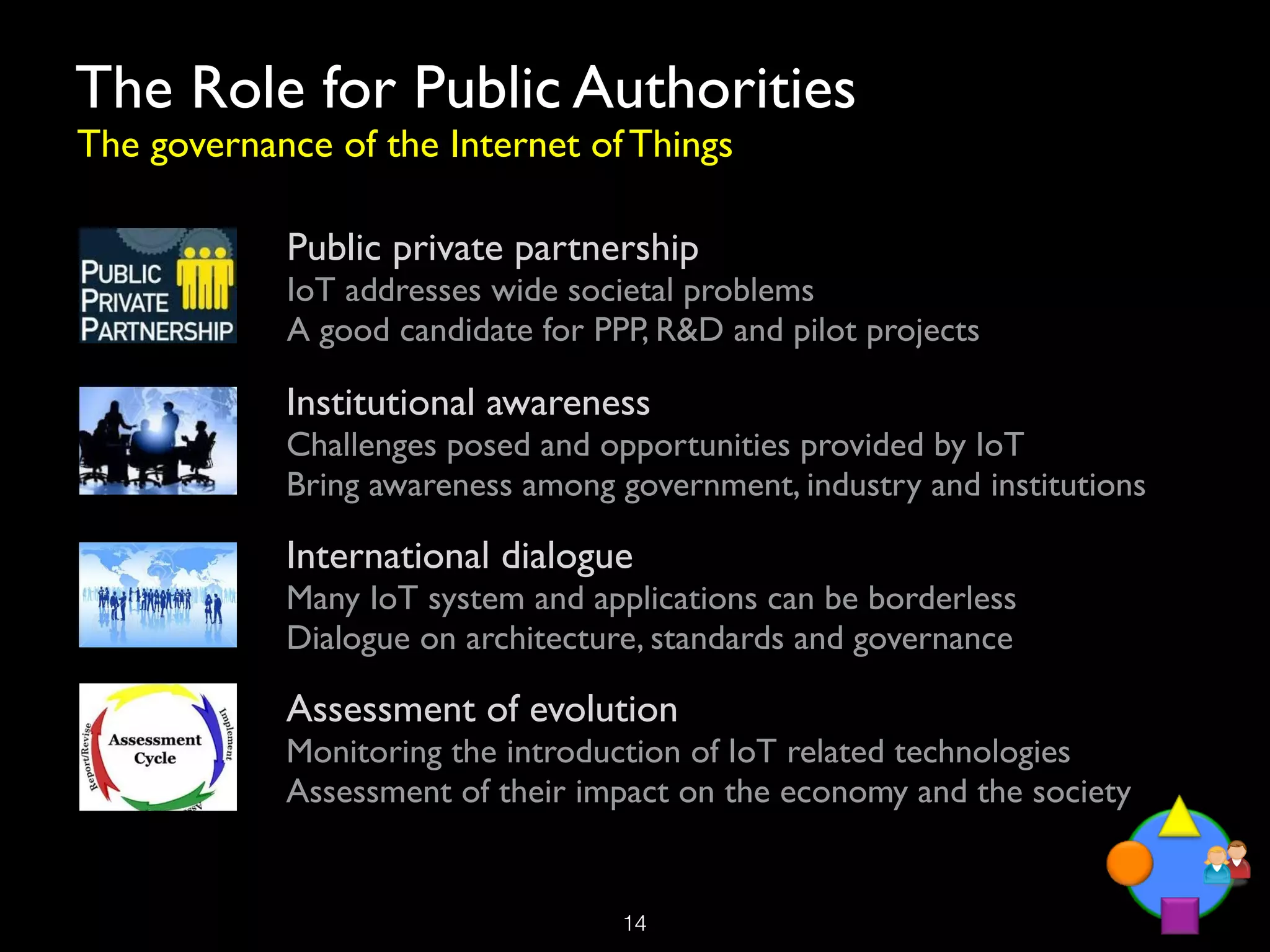 The Role for Public Authorities
The governance of the Internet of Things

            Public private partnership
            IoT addresses wide societal problems
            A good candidate for PPP, R&D and pilot projects

            Institutional awareness
            Challenges posed and opportunities provided by IoT
            Bring awareness among government, industry and institutions

            International dialogue
            Many IoT system and applications can be borderless
            Dialogue on architecture, standards and governance

            Assessment of evolution
            Monitoring the introduction of IoT related technologies
            Assessment of their impact on the economy and the society


                                   !14
 