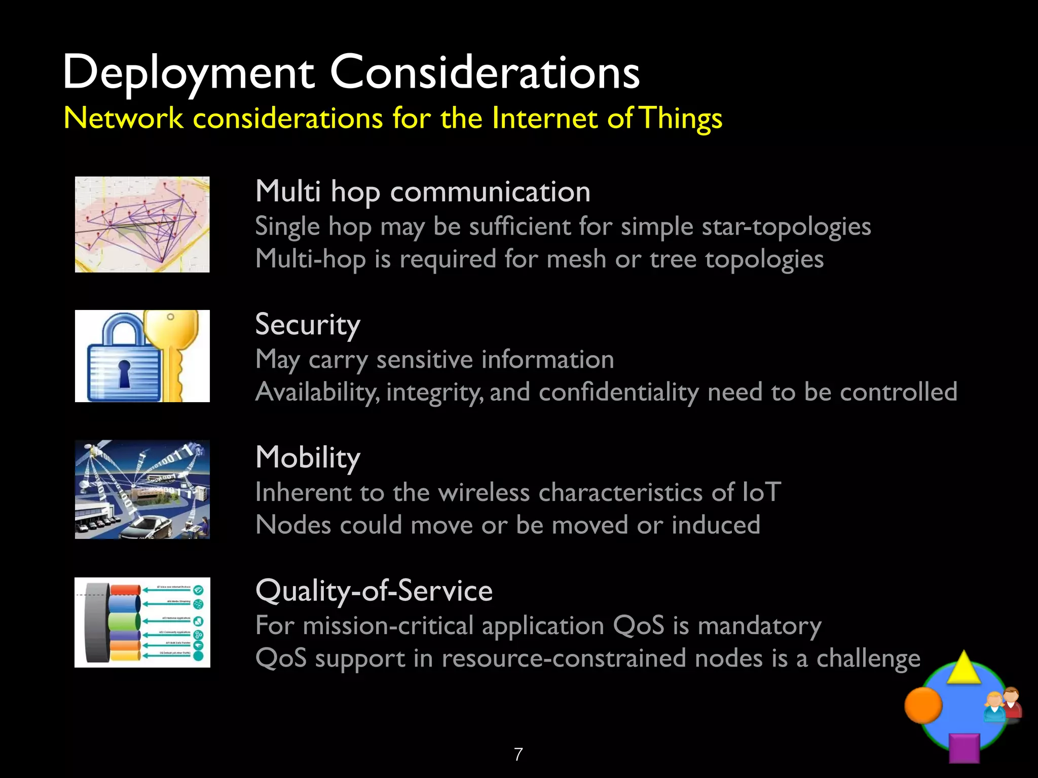 Deployment Considerations
Network considerations for the Internet of Things

              Multi hop communication
              Single hop may be sufﬁcient for simple star-topologies
              Multi-hop is required for mesh or tree topologies

              Security
              May carry sensitive information
              Availability, integrity, and conﬁdentiality need to be controlled

              Mobility
              Inherent to the wireless characteristics of IoT
              Nodes could move or be moved or induced

              Quality-of-Service
              For mission-critical application QoS is mandatory
              QoS support in resource-constrained nodes is a challenge


                                     !7
 