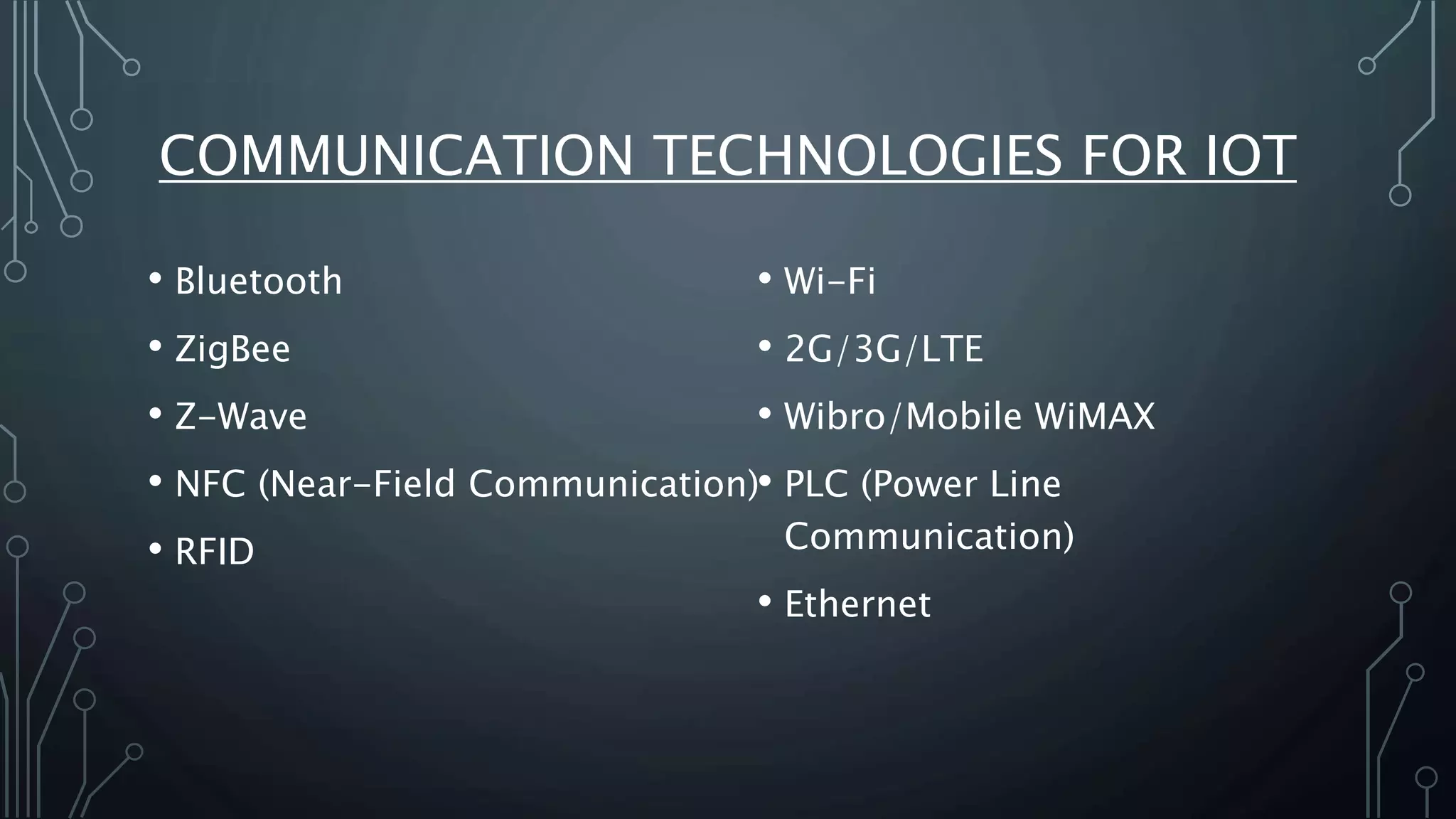 COMMUNICATION TECHNOLOGIES FOR IOT
• Bluetooth
• ZigBee
• Z-Wave
• NFC (Near-Field Communication)
• RFID
• Wi-Fi
• 2G/3G/LTE
• Wibro/Mobile WiMAX
• PLC (Power Line
Communication)
• Ethernet
 