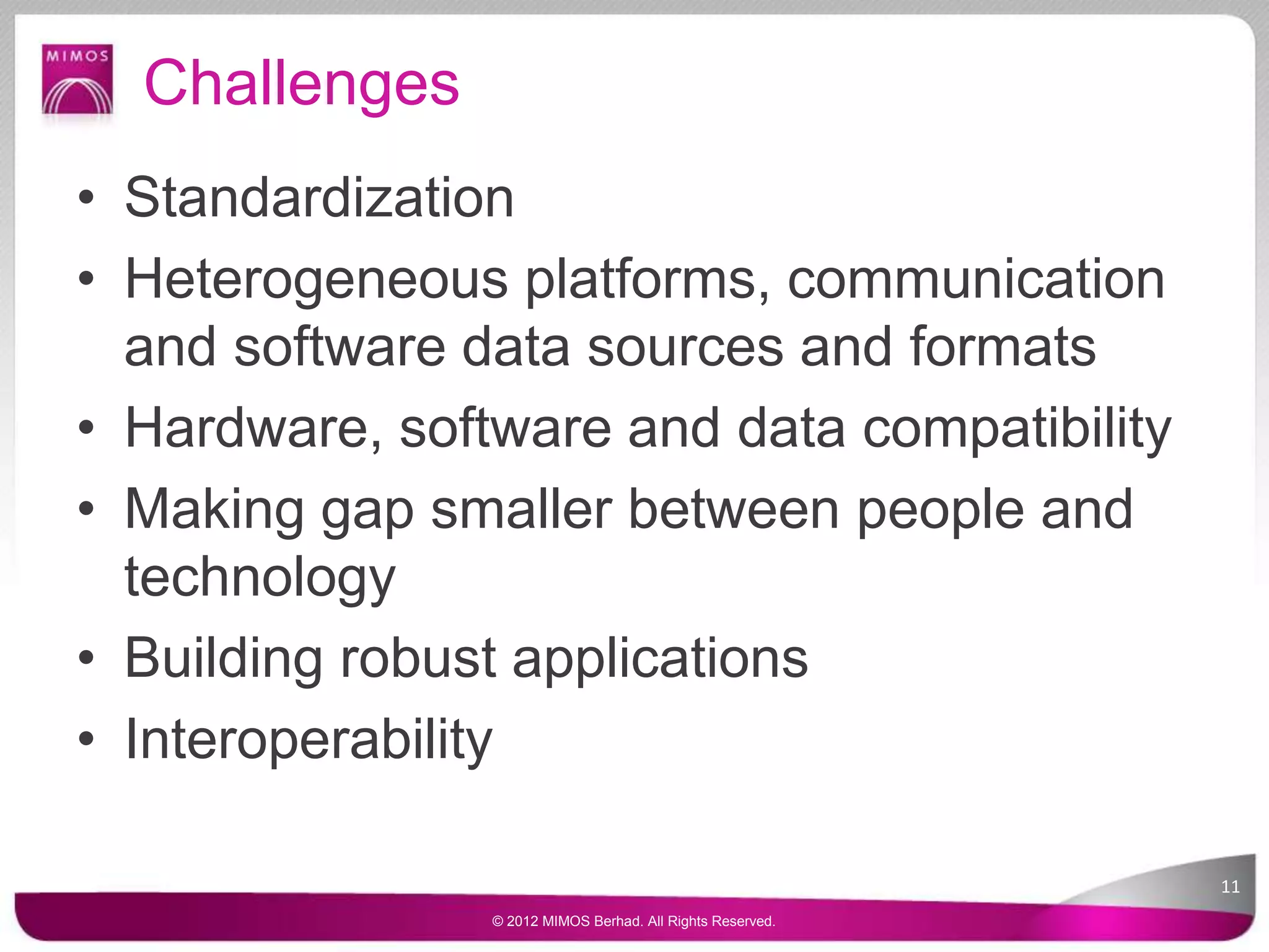 Challenges
• Standardization
• Heterogeneous platforms, communication
and software data sources and formats
• Hardware, software and data compatibility
• Making gap smaller between people and
technology
• Building robust applications
• Interoperability
11
© 2012 MIMOS Berhad. All Rights Reserved.
 