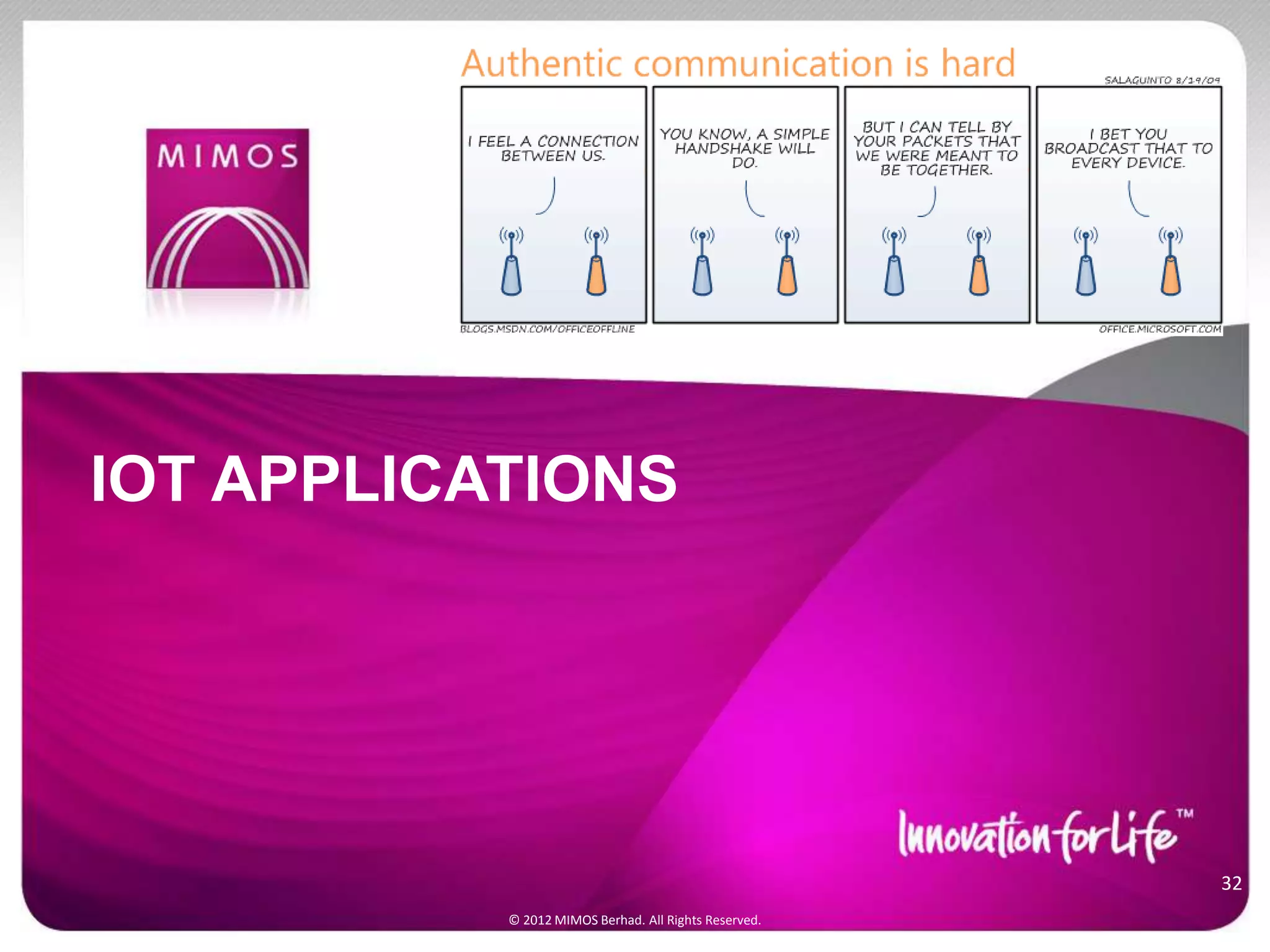 IOT APPLICATIONS
32
© 2012 MIMOS Berhad. All Rights Reserved.
 