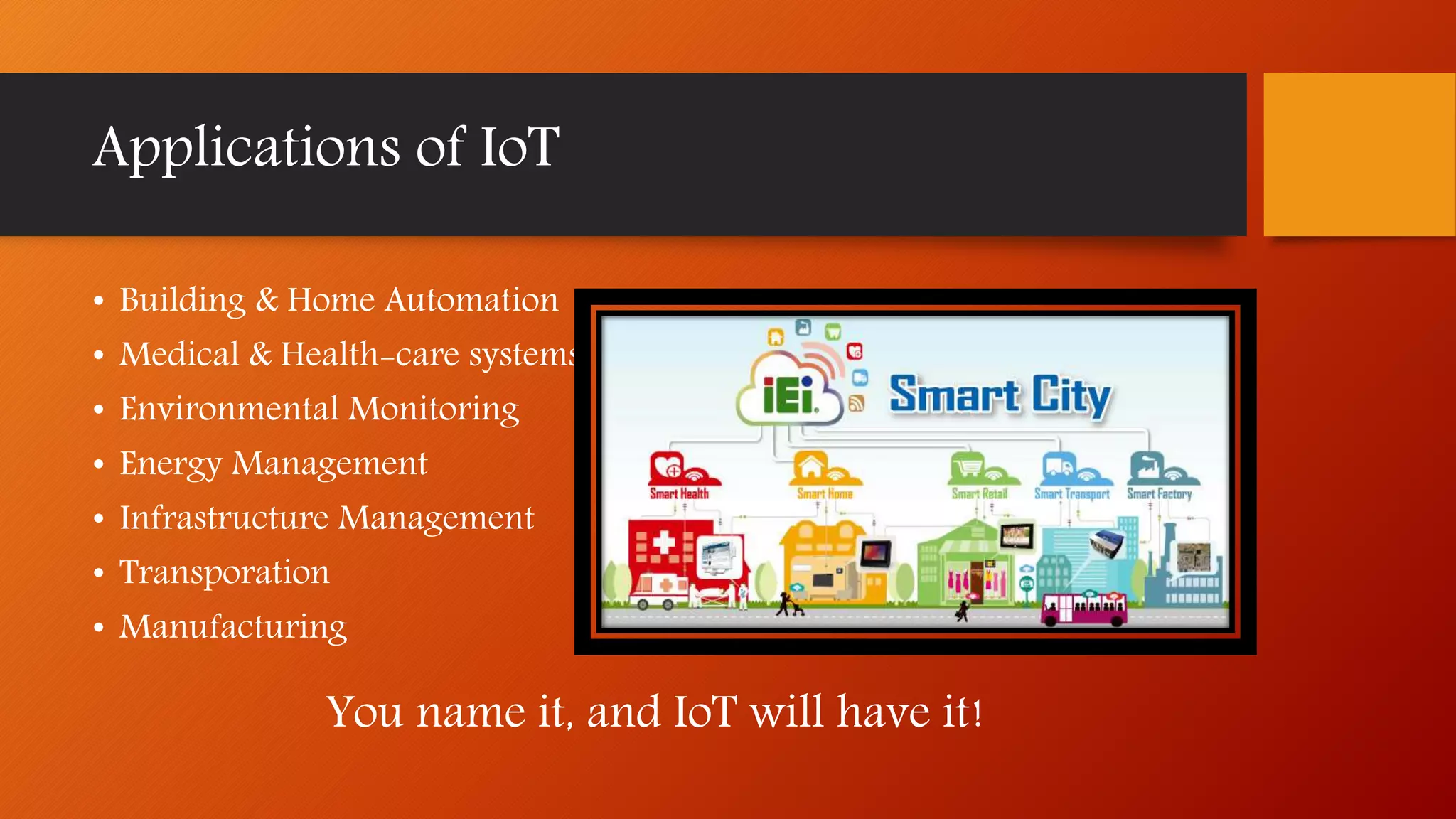 Applications of IoT
• Building & Home Automation
• Medical & Health-care systems
• Environmental Monitoring
• Energy Management
• Infrastructure Management
• Transporation
• Manufacturing
You name it, and IoT will have it!
 