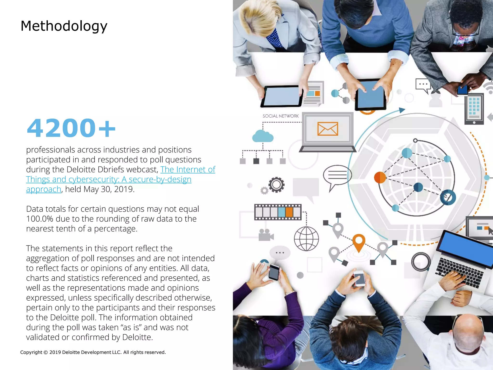 Copyright © 2019 Deloitte Development LLC. All rights reserved. 2The Internet of Things and cybersecurity:
A secure-by-design approach
Methodology
professionals across industries and positions
participated in and responded to poll questions
during the Deloitte Dbriefs webcast, The Internet of
Things and cybersecurity: A secure-by-design
approach, held May 30, 2019.
Data totals for certain questions may not equal
100.0% due to the rounding of raw data to the
nearest tenth of a percentage.
The statements in this report reflect the
aggregation of poll responses and are not intended
to reflect facts or opinions of any entities. All data,
charts and statistics referenced and presented, as
well as the representations made and opinions
expressed, unless specifically described otherwise,
pertain only to the participants and their responses
to the Deloitte poll. The information obtained
during the poll was taken “as is” and was not
validated or confirmed by Deloitte.
4200+
EU General Data Protection Regulation:
Practical steps for compliance
2
 