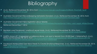 Bibliography 
 (n.d.). Retrieved November 30, 2014, from http://www.naa.gov.au/Images/AGRkMS_Final Edit_16 07 
08_Revised_tcm16-47131.pdf 
 Australian Government Recordkeeping Metadata Standard. (n.d.). Retrieved November 30, 2014, from 
http://www.naa.gov.au/records-management/publications/agrk-metadata-standard.aspx 
 Australian Government New legislation about drones 
http://www.aph.gov.au/Parliamentary_Business/Committees/House/Social_Policy_and_Legal_Affairs/Drones 
Retrieved December 7, 2014 
 
 Backlash over Facebook's 'unethical' secret study. (n.d.). Retrieved November 30, 2014, from 
http://www.abc.net.au/news/2014-06-30/backlash-over-facebooks-unethical-secret-study/5558560 
 DARPA shows off 1.8-gigapixel surveillance drone, can spot a terrorist from 20,000 feet | ExtremeTech. (n.d.). 
Retrieved November 30, 2014, from http://www.extremetech.com/extreme/146909-darpa-shows-off-1-8- 
gigapixel-surveillance-drone-can-spot-a-terrorist-from-20000-feet 
 Facebook Manipulated User News Feeds To Create Emotional Responses. (n.d.). Retrieved November 30, 2014, 
from http://www.forbes.com/sites/gregorymcneal/2014/06/28/facebook-manipulated-user-news-feeds-to-create- 
emotional-contagion 
 
