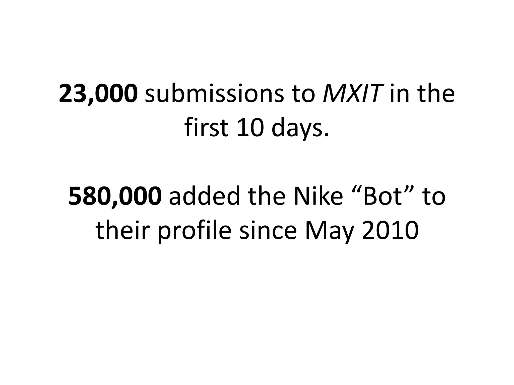 23,000 submissions to MXIT in the
          first 10 days.

580,000 added the Nike “Bot” to
  their profile since May 2010
 